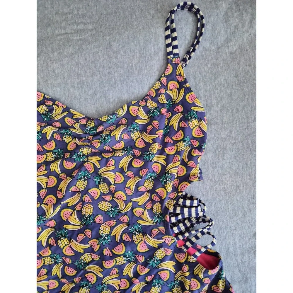 Size XL Bongo Women's One Piece 90s Y2K Fruit Print Swimsuit Waist Cutout Straps